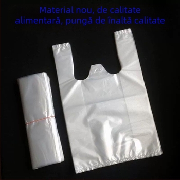 Saci de plastic biodegradabili, albe, de unică folosință, stil vestă, pentru ambalarea alimentelor, 100 buc
