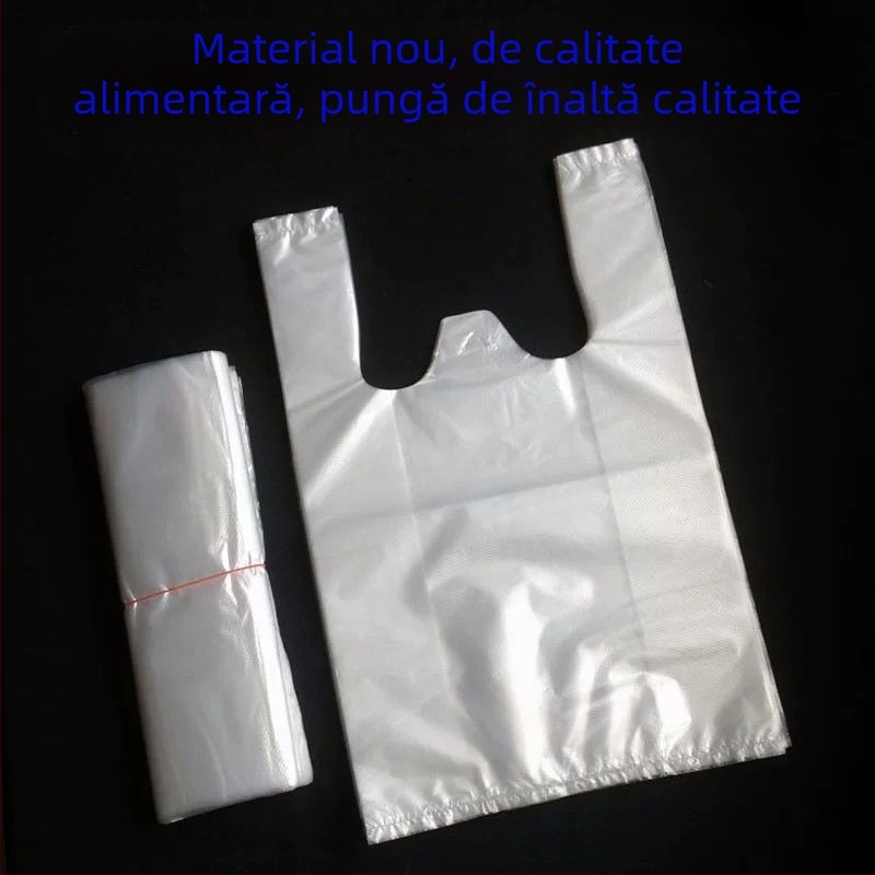 Saci de plastic biodegradabili, albe, de unică folosință, stil vestă, pentru ambalarea alimentelor, 100 buc