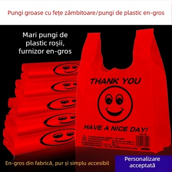 Sacoșă din plastic roșie, transparentă, de unică folosință, cu mâner, pentru ambalarea alimentelor