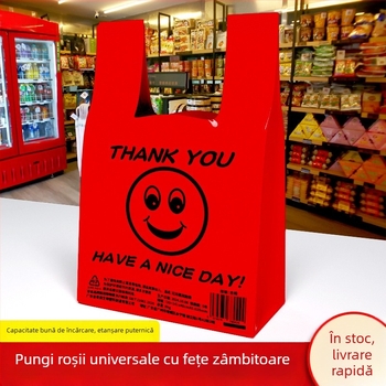 Sacoșă din plastic roșie, transparentă, de unică folosință, cu mâner, pentru ambalarea alimentelor