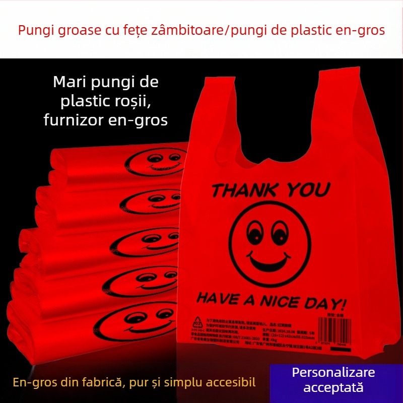 Sacoșă din plastic roșie, transparentă, de unică folosință, cu mâner, pentru ambalarea alimentelor