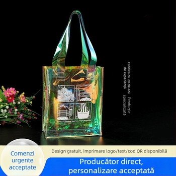 Geantă PVC transparentă cu finisaj holografic lucios, geantă TPU jelly, sacoșă de cumpărături transparentă, personalizabilă
