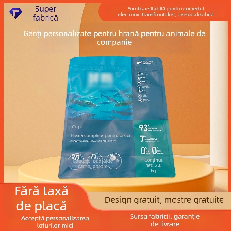 Saci personalizate pentru hrana pisicilor, câinilor și altor animale de companie, sigilare pe opt laturi și fermoar auto-seal, ambalaj din folie de aluminiu