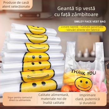 Pungi din plastic transparente cu zâmbet, mari, stil vestă, pentru cumpărături și ambalare la take-out