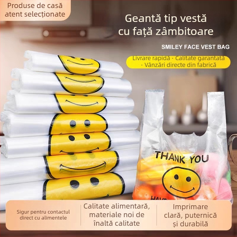 Pungi din plastic transparente cu zâmbet, mari, stil vestă, pentru cumpărături și ambalare la take-out