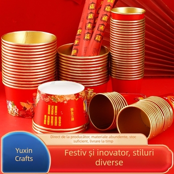 Cupe de hârtie groase pentru aniversări, pahare roșii pentru apă cu simbolul longevității, set de veselă de unică folosință pentru banchete, folie de aur.