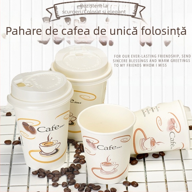 Ceașcă de cafea din hârtie, de unică folosință, cu acoperire, 201–300 ml, pentru băuturi calde, compatibilă cu microundele