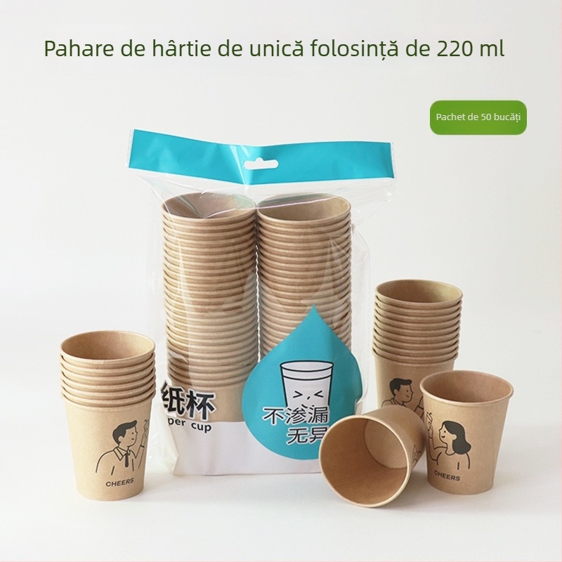 Pahare de hârtie kraft, unice folosință, pachet 50 buc., 220 ml, groase, culoare naturală, pentru uz casnic, comercial și de birou, pentru cafea și băuturi
