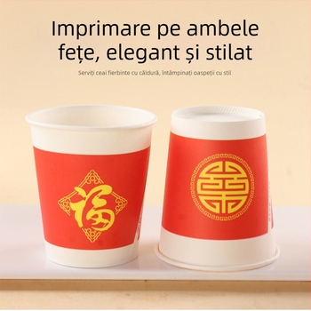 Set de 100 pahare de hârtie roșii, de unică folosință, cu binecuvântarea Fu pentru nunți, design îngroșat