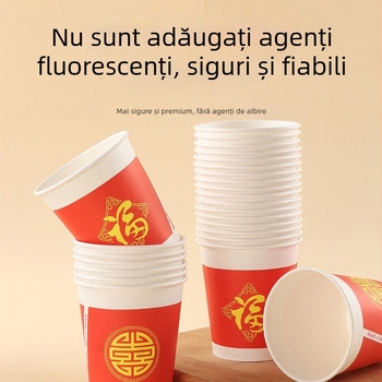 Set de 100 pahare de hârtie roșii, de unică folosință, cu binecuvântarea Fu pentru nunți, design îngroșat
