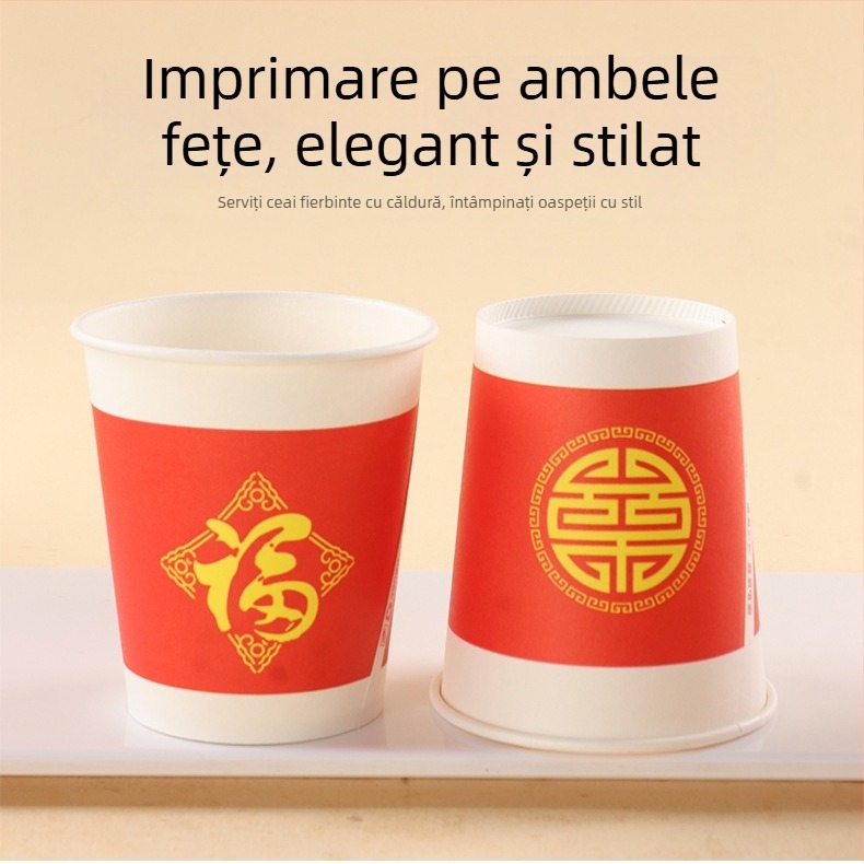 Set de 100 pahare de hârtie roșii, de unică folosință, cu binecuvântarea Fu pentru nunți, design îngroșat