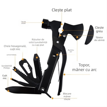 Set outdoor multifuncțional: topor, cioc pentru spart geamuri și cuțit pliabil pentru camping și uz casnic