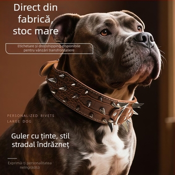 Guler mare pentru câini cu nituri metalice, protecție împotriva mușcăturilor, model crocodil, curbat și lat