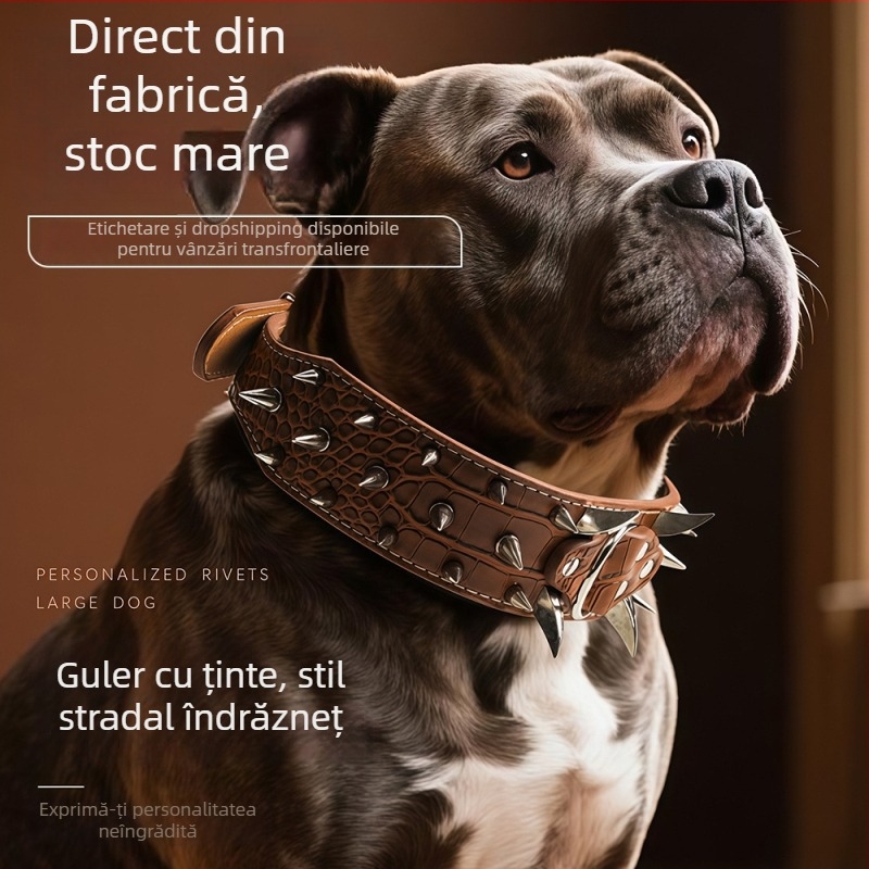 Guler mare pentru câini cu nituri metalice, protecție împotriva mușcăturilor, model crocodil, curbat și lat