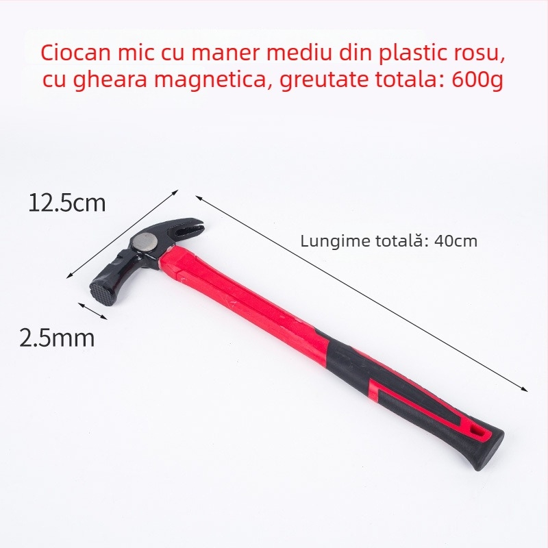 Ciocan cu mâner din plastic, cap curbat, pentru uz casnic și pe șantier, extragerea cuiurilor, cap din oțel