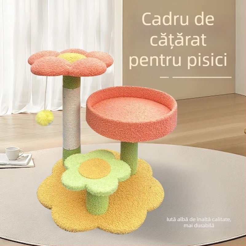 Arbore de pisici din sisal, cu design floral și cuib încorporat pentru pisici mari