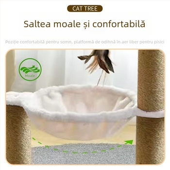 Mobilier pentru pisici pentru mari feline: cuib cu hamac, platformă de sărit, cadru de cățărare și stâlp de zgâriere