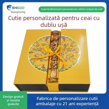 Cutie cadou pentru ceai cu deschidere dublă, în stil chinezesc, din hârtie specială cu relief și ștampilă aurie