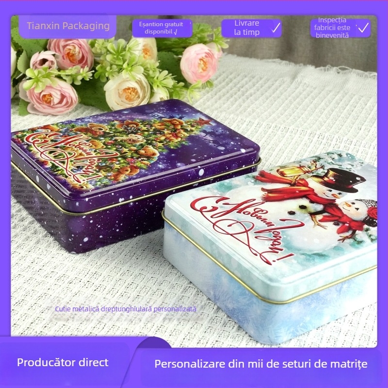Cutie metalică personalizată de Crăciun, dreptunghiulară, cu relief, pentru bomboane, fursecuri și ceai