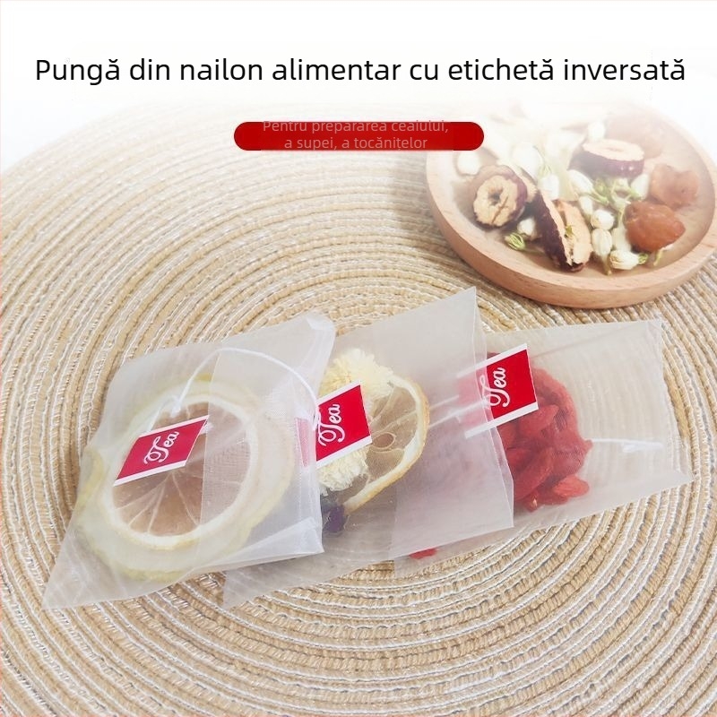 Pungă de ceai din nylon alimentar cu etichetă, pliabilă, de unică folosință, pentru infuzie de ceai și ceai de flori, filtru pentru frunze de ceai
