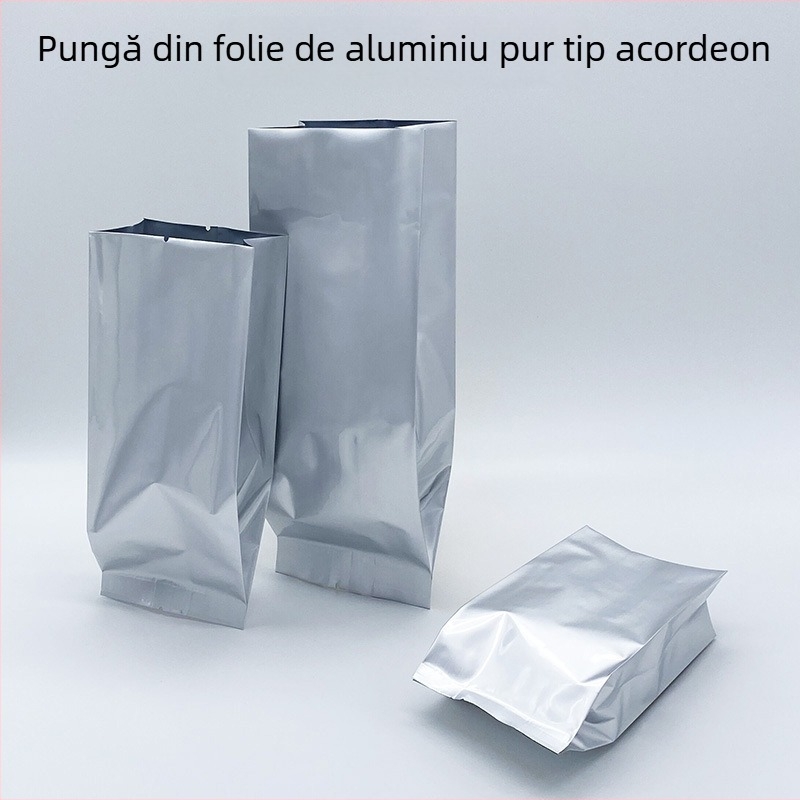 Pungă din folie de aluminiu pură, cu buzunar cu pliere (gusset), sigilare centrală și sigilare pe spate, pentru ceai, pulberi și boabe de cafea