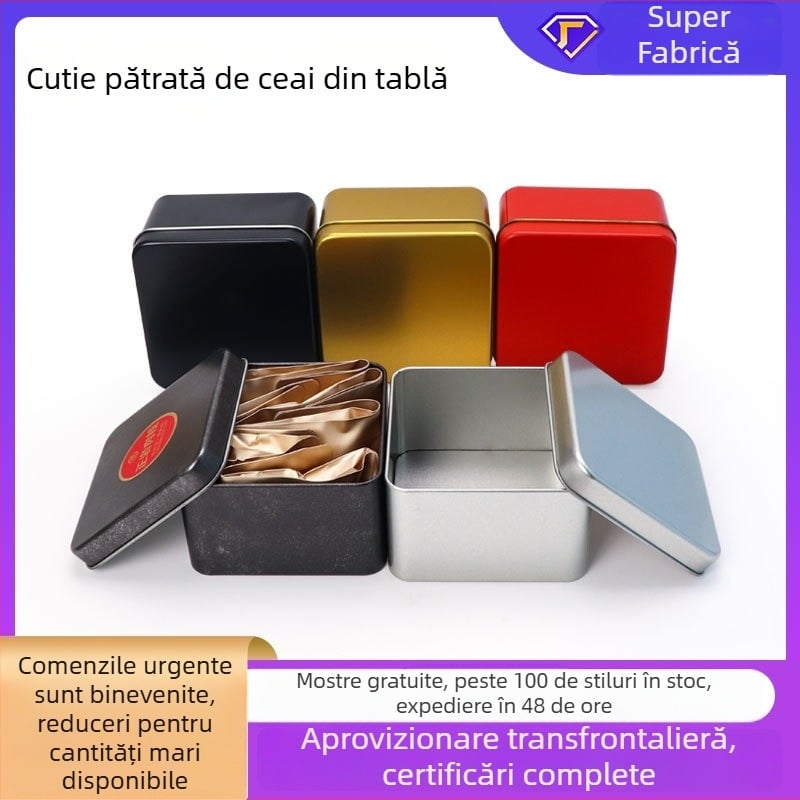 Cutie metalică pătrată pentru ceai – pentru ceai mărunțit, ceai verde și pliculețe, pentru depozitare alimentară