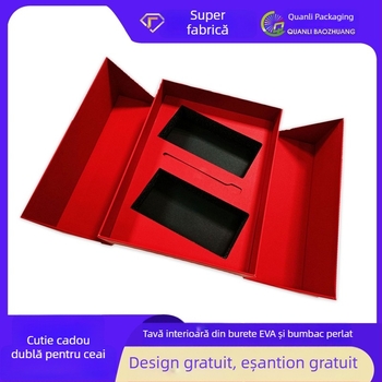 Cutie cadou pentru ceai cu două uși, personalizată, cu ștampilă UV și logo argintiu, tavă interioară EVA.