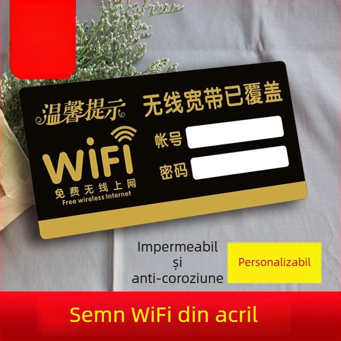 Placă acrilică WiFi – Semn creativ de acces la rețeaua wireless (dimensiuni 24×12 cm, 20×10 cm, 30×15 cm)