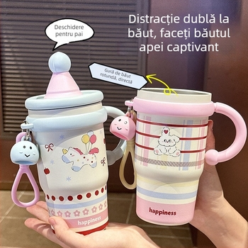 Termos cu mâner, design desen animat, cu pai, capacitate mare, din oțel inoxidabil, pentru fete, temă drăguță cu animal de companie