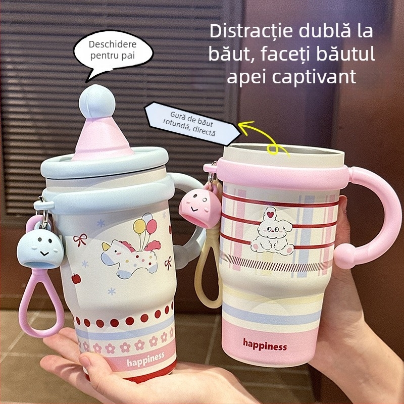 Termos cu mâner, design desen animat, cu pai, capacitate mare, din oțel inoxidabil, pentru fete, temă drăguță cu animal de companie
