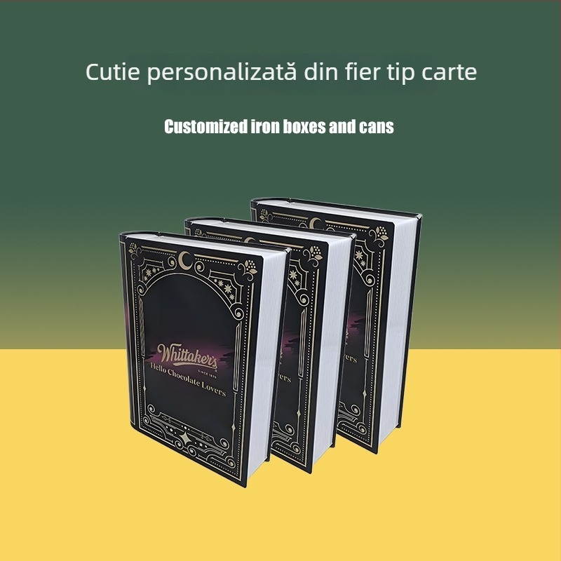 Cutie metalică din tablă, design în formă de carte, personalizată, ambalaj de cadou pentru ceai, alimente și biscuiți