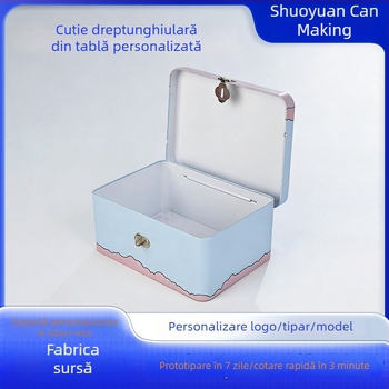Cutie metalică dreptunghiulară, personalizată, cu capac rabatabil și închidere cu clapă, pentru ceai și cosmetice