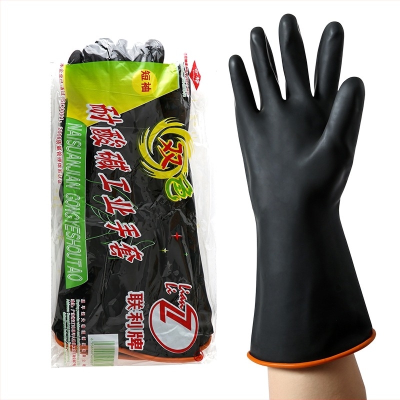 Mănuși rezistente la substanțe chimice marca Lianli, latex dublu strat, bicolor, negre, rezistente la acizi și baze, reutilizabile, lungimi 35/45/55 cm