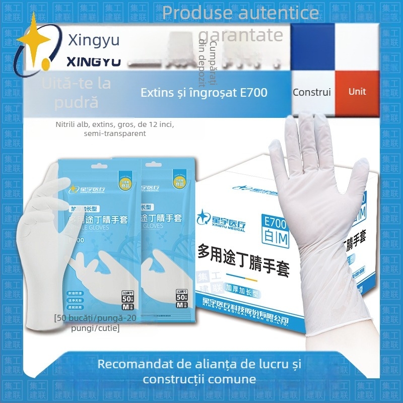 Mănuși nitril Xingyu E700, albe semi-transparent, de 12 inch, extinse și îngroșate, impermeabile și rezistente la ulei, mănuși de protecție pentru catering și producția de alimente
