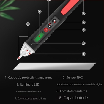 Stilou tester de tensiune multifuncțional, detectare a fazei și a neutralului, verificare a continuității, alarmă sonoră și vizuală