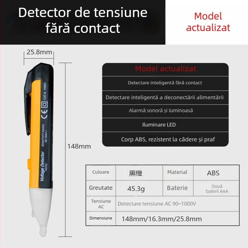 Stilou tester de tensiune multifuncțional, detectare a fazei și a neutralului, verificare a continuității, alarmă sonoră și vizuală
