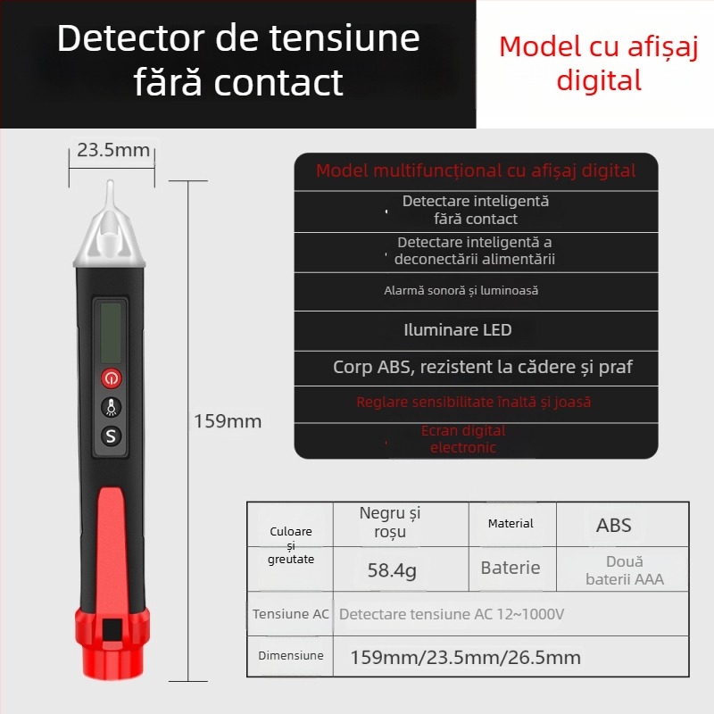 Stilou tester de tensiune multifuncțional, detectare a fazei și a neutralului, verificare a continuității, alarmă sonoră și vizuală