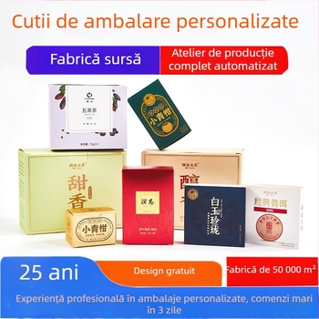 Cutie albă rabatabilă din carton pentru ceai, personalizabilă, cu ștampilare în folie aurie și placare UV, ceai cu flori, cutie în nuanță mandarin verde, imprimare color personalizată