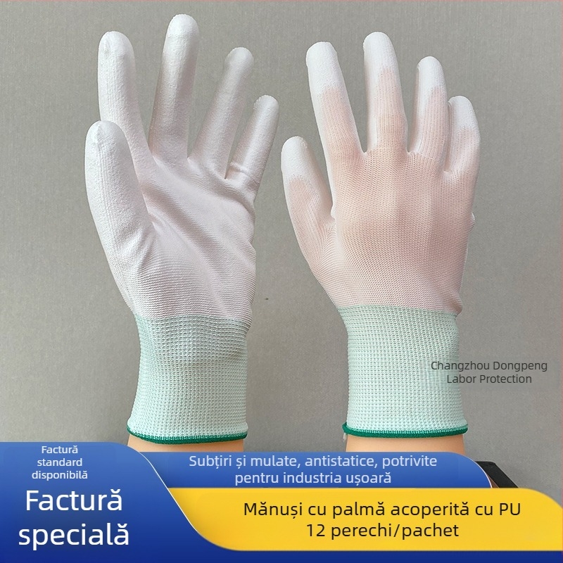 Mănuși de protecție cu PU pe palmă, palmă din nailon, rezistente la praf și la electrostatică, albe, unisex pentru muncă în fabrici