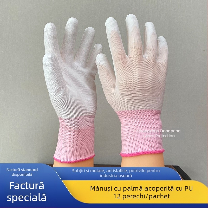 Mănuși de protecție cu PU pe palmă, palmă din nailon, rezistente la praf și la electrostatică, albe, unisex pentru muncă în fabrici