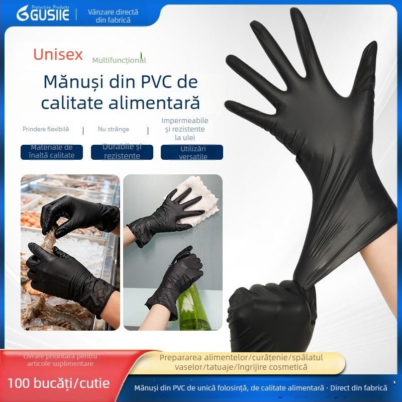Blue Guard Mănuși de unică folosință din vinil, negre, impermeabile, PVC de calitate alimentară, protecție industrială și curățenie casnică