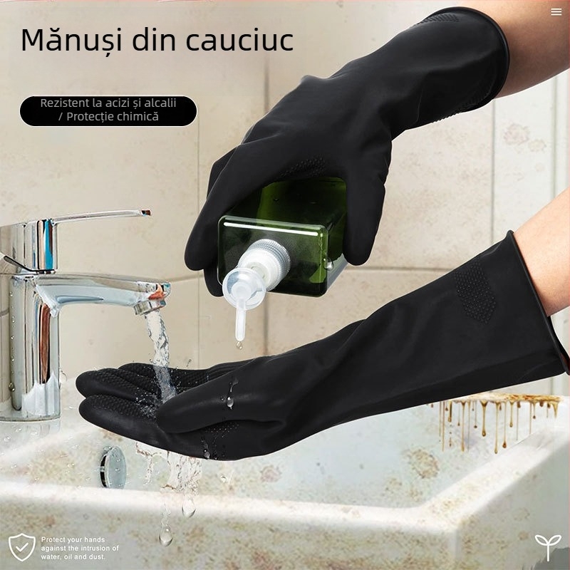 Mănuși din latex negre, industriale, cu dublu strat și design bi-culori, rezistente la substanțe chimice, îngroșate, durabile pentru curățenie și protecție la muncă