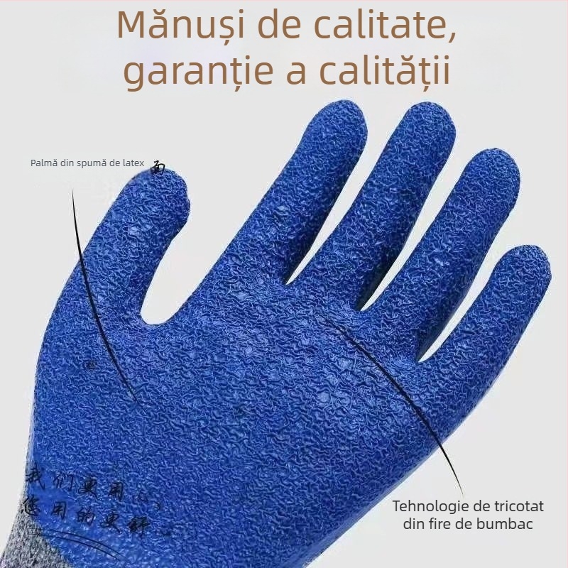 Mănuși de lucru din nylon-latex, cauciuc natural reliefat, rezistente la abraziune, antiderapante, respirabile, tricot gri cu acoperire albastră