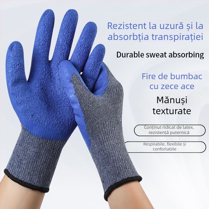 Mănuși de lucru din nylon-latex, cauciuc natural reliefat, rezistente la abraziune, antiderapante, respirabile, tricot gri cu acoperire albastră