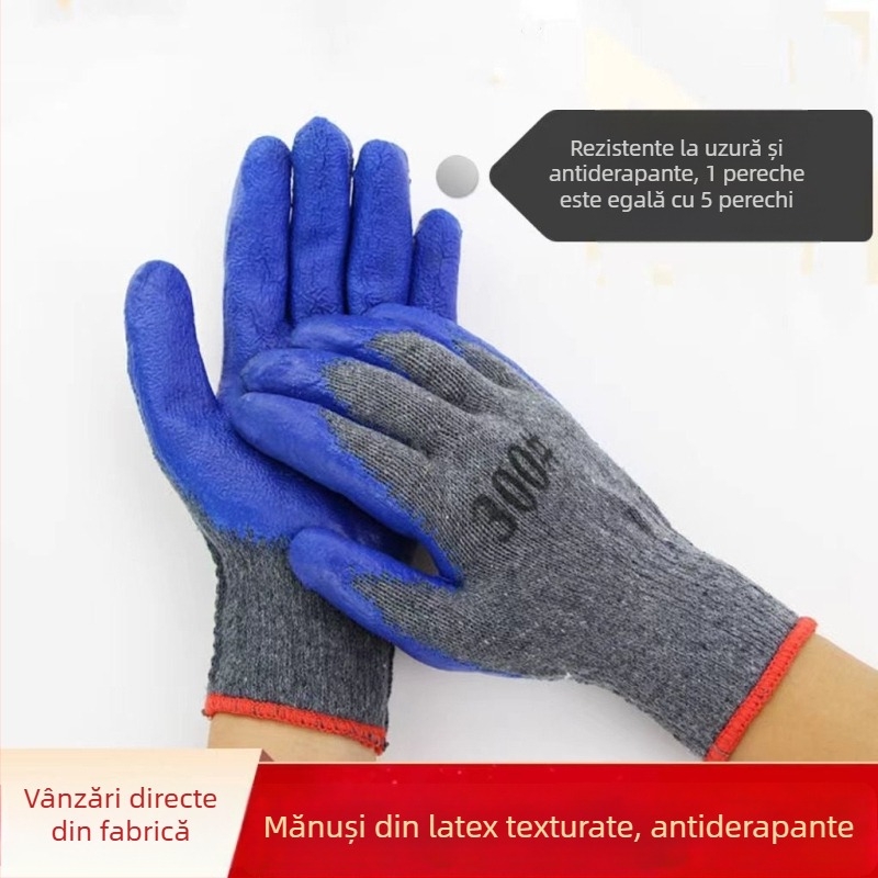 Mănuși de lucru din nylon-latex, cauciuc natural reliefat, rezistente la abraziune, antiderapante, respirabile, tricot gri cu acoperire albastră