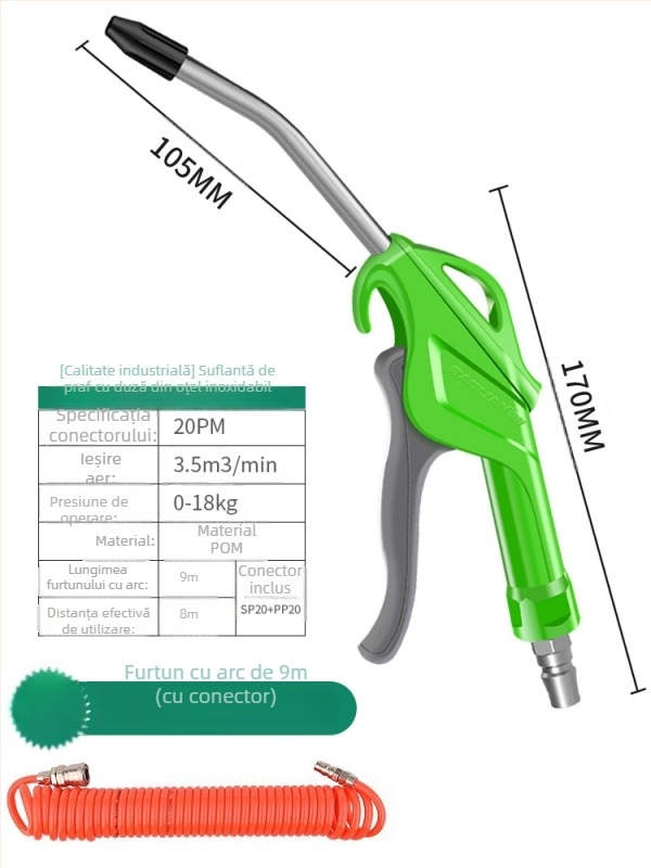 Pușcă industrială de suflare a prafului, cu presiune înaltă, pentru curățarea calculatoarelor și a camioanelor; unealtă de curățare cu aer pneumatic.
