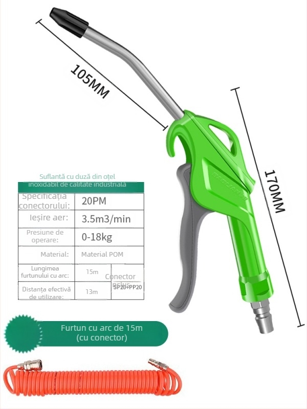 Pușcă industrială de suflare a prafului, cu presiune înaltă, pentru curățarea calculatoarelor și a camioanelor; unealtă de curățare cu aer pneumatic.