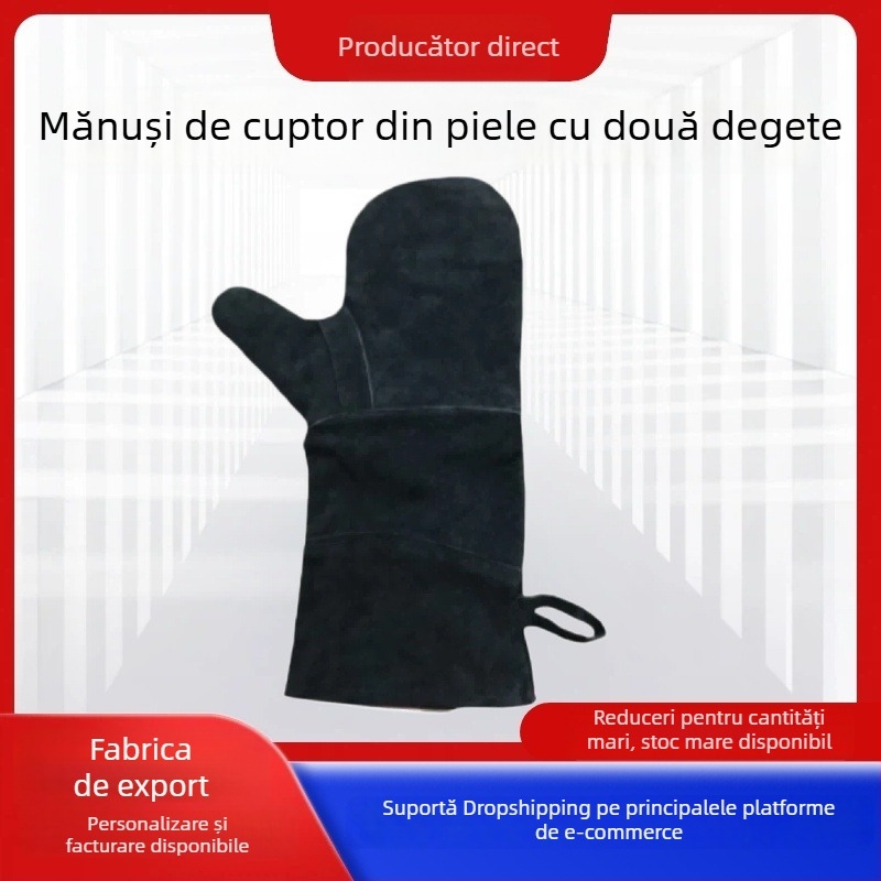 Mănuși din piele de vită pentru grătar și sudură, cu două degete, rezistente la căldură și izolație, pentru gătit în aer liber