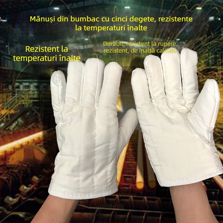 Mănuși rezistente la temperaturi înalte, cu căptușeală din bumbac, izolație groasă, cinci degete, protecție industrială