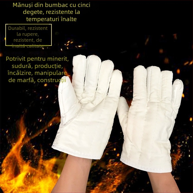 Mănuși rezistente la temperaturi înalte, cu căptușeală din bumbac, izolație groasă, cinci degete, protecție industrială